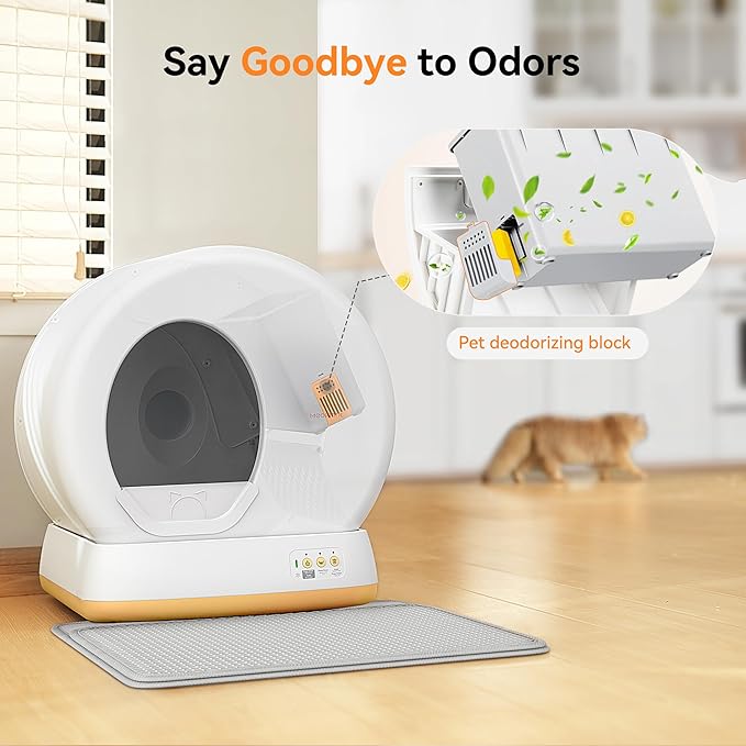 MeoWant Automatic Cat Litter Box，Anti Pinch Self Cleaning Litter Box for Multiple Cats, App Control/Odor Free/Extra LargAutomatic Cat Litter Box Includes Trash Bags, Yellow