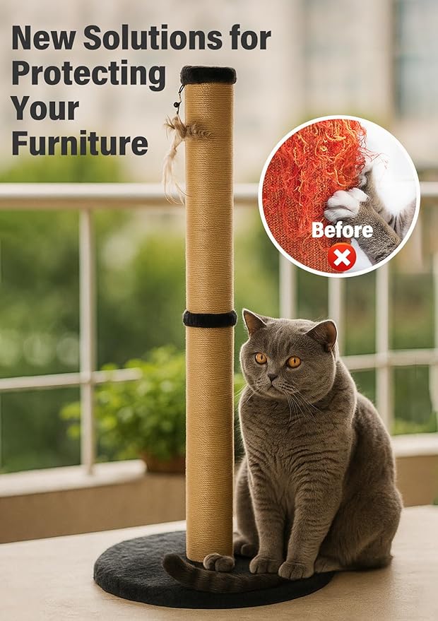 34inches Tall Cat Scratching Post with Plush Base Cat Scratcher for Indoor Cat with Natural Sisal Rope, Black Round Platform,Have 4 Replacement Pendant