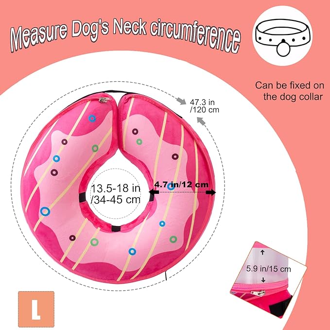 Inflatable Dog Cone Collar for Large Medium Small Dogs, Soft Dog Donut Collar Adjustable Recovery Cone for Pets After Surgery, Extra Enhanced Anti-Licking Guard Shield (Pink Donut, Large)