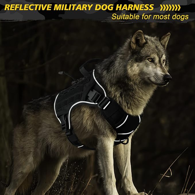WINGOIN Black Tactical Dog Harness for Large Dogs, Heavy Duty No Pull Dog Harness with Handle, Adjustable Reflective Military K9 German Shepherd Big Size Dog Vest for Walking, Training, Hunting (L)