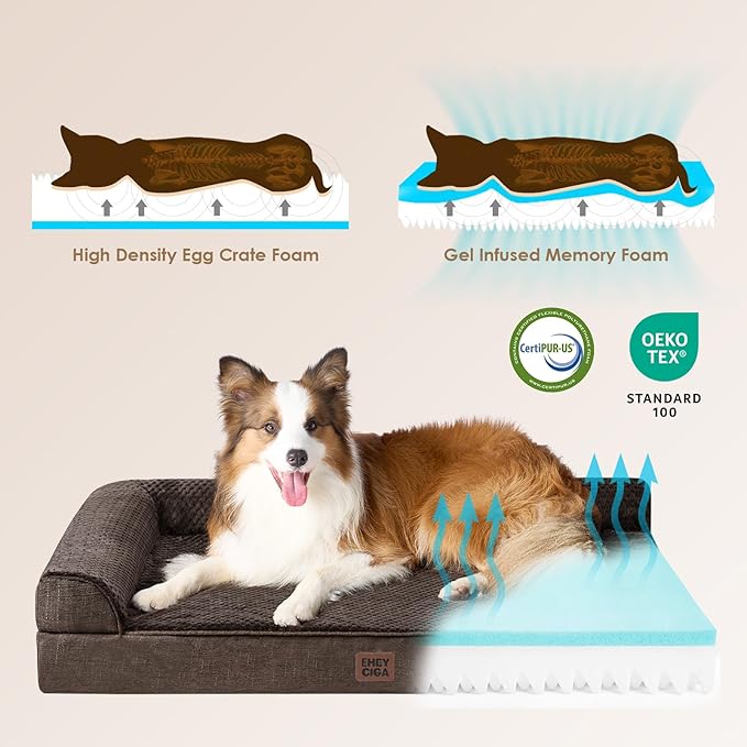 EHEYCIGA Memory Foam Dog Bed Large Sized Dogs, Waterproof Dog Bed Orthopedic with Washable Removable Cover, Non-Slip Pet Bed Couch, 36x27x6 Inches, Brown