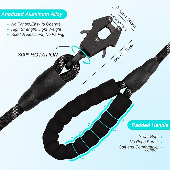 GEIT 2/4/5/6FT Dog Leash, Heavy Duty Rope Leashes, Reflective Nylon Pet Lead with Aluminum Quick Release/Locking Tactical Frog Clip for Small Medium and Large Dogs, Black, 1/2 inch