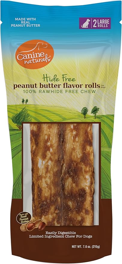 Canine Naturals Peanut Butter Chew - 100% Rawhide Free Dog Treats - Made with Real Peanut Butter - All-Natural and Easily Digestible - 2 Pack of 7 Inch Large Rolls for Dogs 50 lbs and up