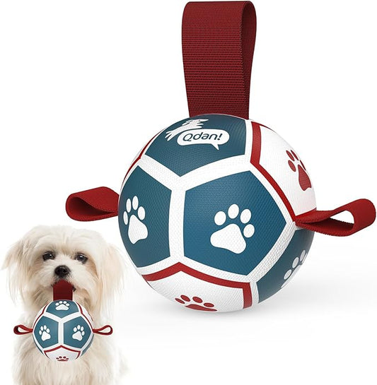 QDAN Small Dog Toys, Puppy Balls, Dog Balls with Straps for Small Breed, Soccer Ball for Dogs, Puppy Toys, Dog Birthday Gift (Blue Red, 3.5 inch)