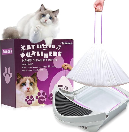 100 Pack Drawstring Cat Litter Box Liners Compatible with Litter-Robot 3/4, Waste Bags Heavy Duty for Automatic Self Cleaning Litter Box