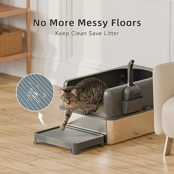 High-Sided Stainless Steel Cat Litter Box,Stainless Steel Litter Box with Lid,Extra Large Litter Box,Easy-to-Clean Metal Litter Pan for Cats (24‘’L X 16''W X 6''H with Scoop&mat), Sliver