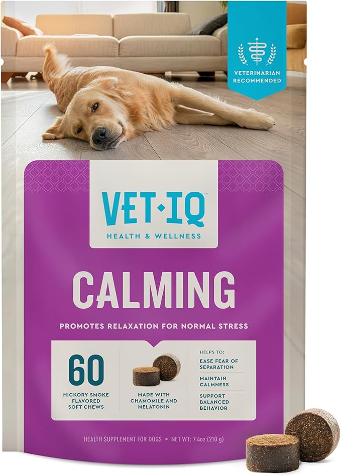 VetIQ Calming Support Supplement for Dogs, Calming Chews Help Manage Stress and Promote Relaxation, Anxiety Relief for Dogs, Made in The USA, 60 Count