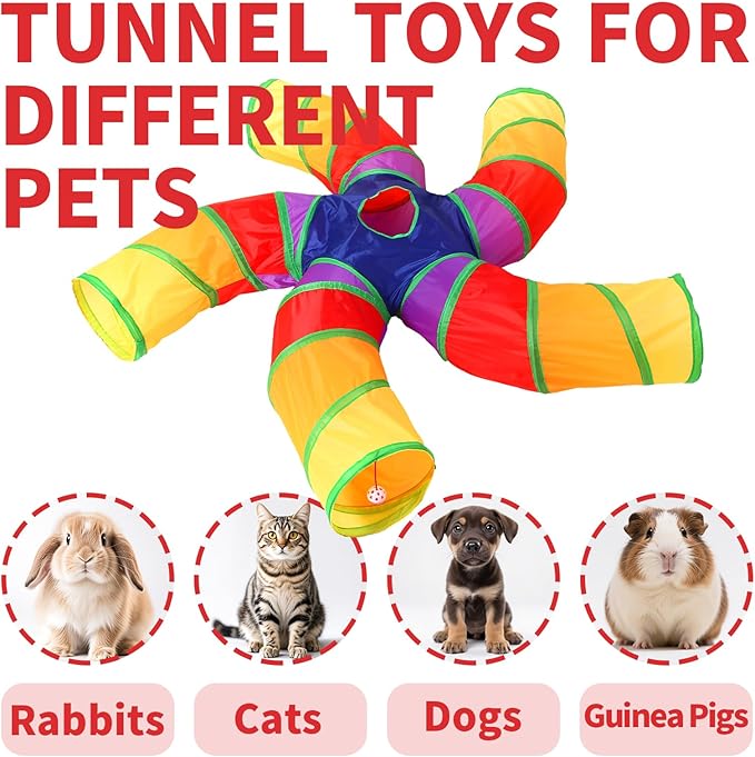 Pet Cat Tunnel, 5 Way Tunnels for Indoor Cats, Collapsible Pet Tunnel for Kitten, Puppy, Rabbit, 25cm-Wide Tunnels, Durable & Breathable, with Peek Hole Toy Ball