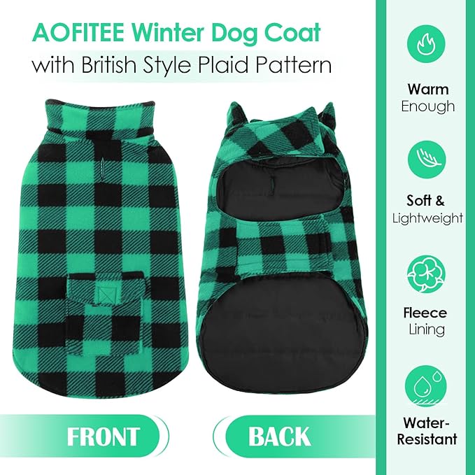 AOFITEE Dog Coat Plaid Dog Winter Coat for Small Dogs, Warm Dogs Jacket Christmas Sweater, Waterproof Pet Puffer Jacket, Reversible Pet Cold Weather Coats for Small Medium Large Pets, Green L