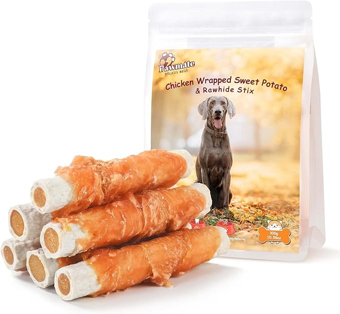 Dog Treats Large Breed, Chicken Wrapped Rawhide Sticks with Sweet Potato Sandwich, Rawhide Dog Chew Training Rewards Snacks for Small Medium Large Dogs, 6-7 Counts, 10.6oz