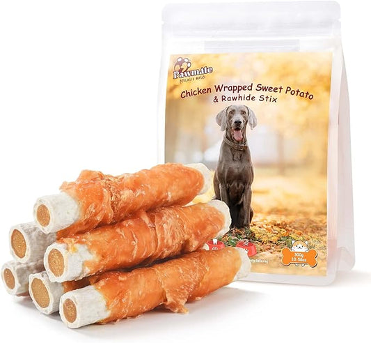 Dog Treats Large Breed, Chicken Wrapped Rawhide Sticks with Sweet Potato Sandwich, Rawhide Dog Chew Training Rewards Snacks for Small Medium Large Dogs, 6-7 Counts, 10.6oz