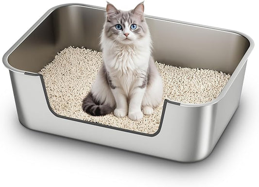 Stainless Steel Cat Litter Box with Low Entry, Large Metal Kitty Litter Box for Senior or Injured Cats, Odor-Free, Non-Stick, Easy to Clean, 23.4"x15.6"x7.8", for Multiple Cats