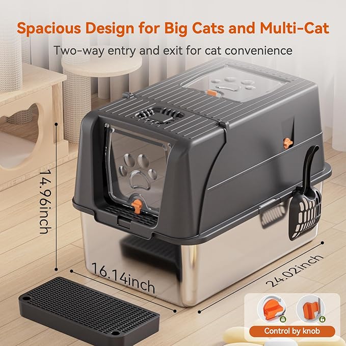 Enclosed Stainless Steel Cat Litter Box with Lid, Front & Top Flap, 180° Flip-top Design, Extra Large Metal Cat Litter Box with Scoop & Filter Pedal,Odor-Resistant (Dark Gray)