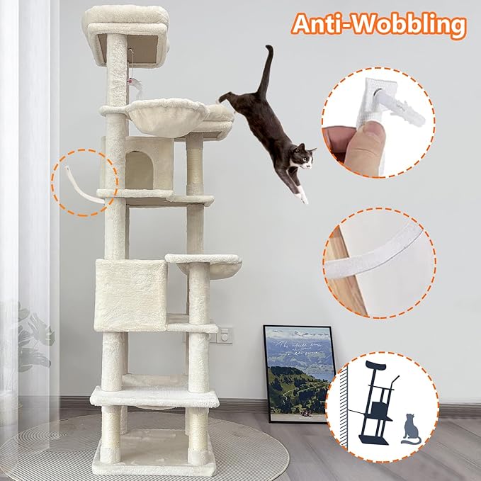 68 Inches Multi-Level Large and Tall Cat Tree Tower for Indoor Cats/Removable Pad/Cat Condo/Sisal Scratching Posts/Hammock/Cat Activity Center/Wide Base