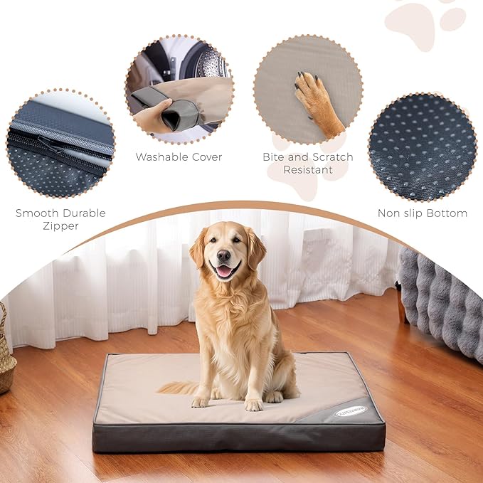 Orthopedic Outdoor Waterproof Dog Beds for Large Dogs, Washable Crate Bed with Egg Crate Foam Pet Bed Mat and Removable Oxford Fabric Cooling Cover Bed,41"x 29",Beige
