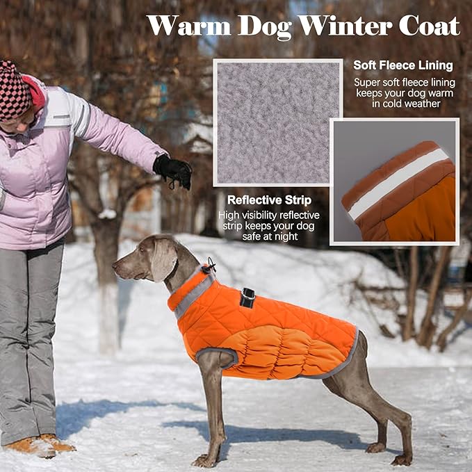 Lelepet Dog Coat Warm Dog Winter Coat Waterproof Dogs Jacket with Harness Built in Reflective Pet Fleece Vest Zip-Up Cold Weather Coats for Small Medium Large Dogs Turtleneck Windproof Blaze Orange
