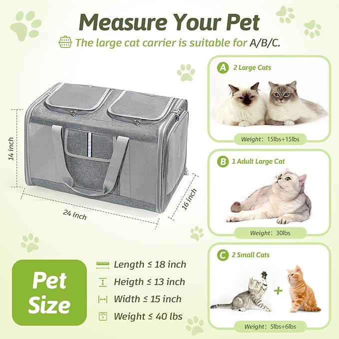 Extra Large Cat Carrier for 2 Cats, 24x14x16in Pet Carriers for Cat and Dog Up to 40lbs, All-Sided Large Mesh Cat Carrier with Great Ventilation, Portable Soft Sided Pet Carriers for Traveling