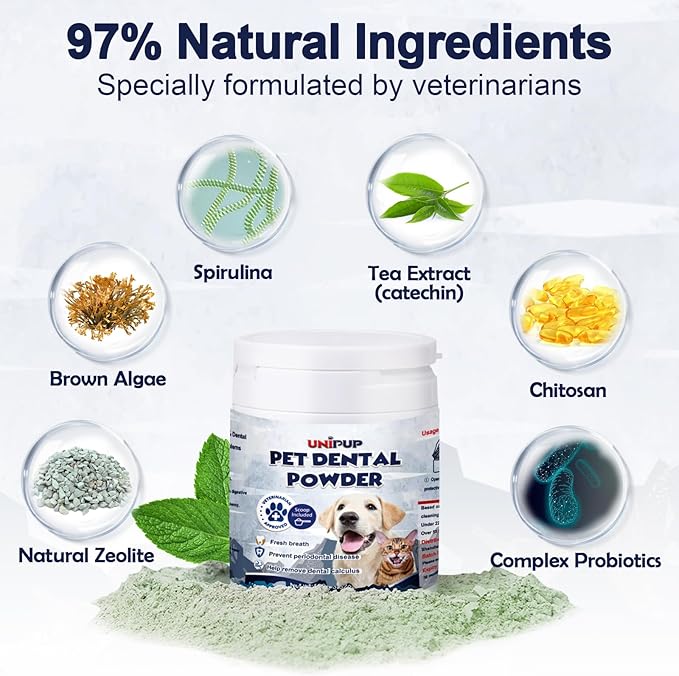 Dog Dental Care - 3.52oz Brown Seaweed Teeth Cleaning Powder, Effective Plaque & Tartar Remover, Bad Breath Treatment