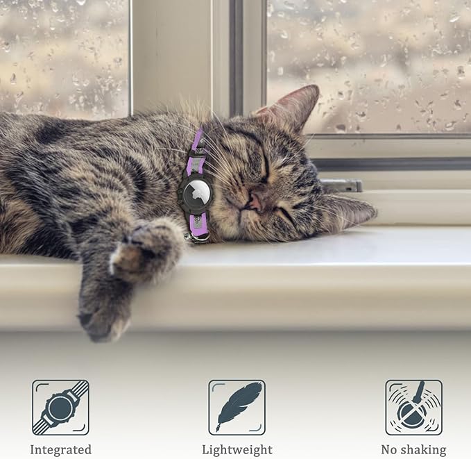 Reflective AirTag Cat Collar, Integrated Cat Tracker Collar with Air Tag Holder and Bell, Safety Elastic Band Cat GPS Collars for Girl Boy Cats, Kittens and Puppies (Lilac,XS)