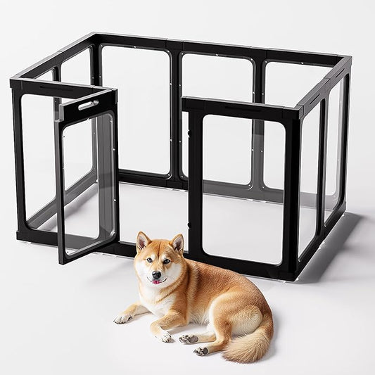 Jalove 30" H Clear Acrylic Plastic Dog Playpen Indoor, 10PCS for Puppy Cat Rabbit Ferret Transparent Pet Pen, Easy Assemble Whelping Crate Kennel Cage Enclosure, Ideal for Small to Medium Dogs, Black