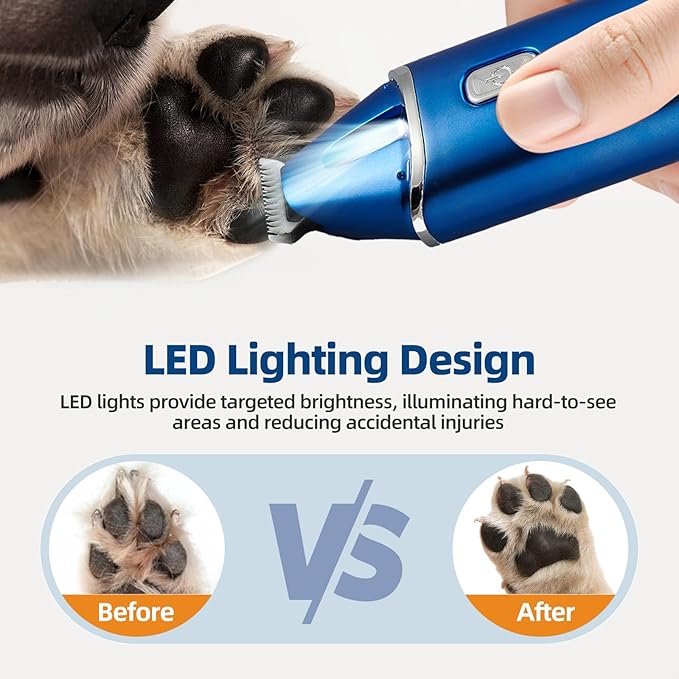 Dog Paw Trimmer with Protective Cap, Low Noise Dog Clippers for Grooming with LED Light Rechargeable Corldless Precision Trimmer for Large/Small Pet Paws, Ears, Face, Jewel Blue