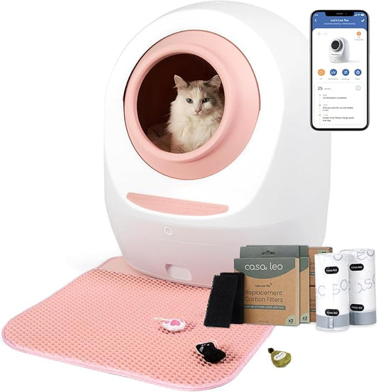 Casa Leo Leo’s Loo Too Self‑Cleaning Cat Litter Box – Wi‑Fi App & Voice Control, Quiet <30 dB, UV Odor Defense & Carbon Filter, Health Monitoring, Safety Sensors, Spacious 24″ × 22″ × 27.6″