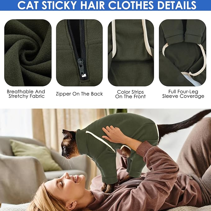 Cat Onesie with Legs - Army Green, XS - Cat Hair Sticky Onesie, Sphynx Cat Clothes, Cat Pajamas for Cats, Recovery Suit for Female Cats, Prevents Hair Loss Kitten Pajamas Costumes Outfits