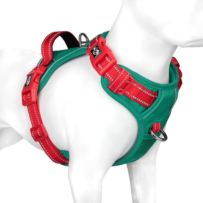PHOEPET No Pull Dog Harness, Unique Colors Reflective Adjustable Dog Vest, with Soft Training Handle Metal Clips for Small Medium Large Dogs (Dark Green Base & Red Straps,L)