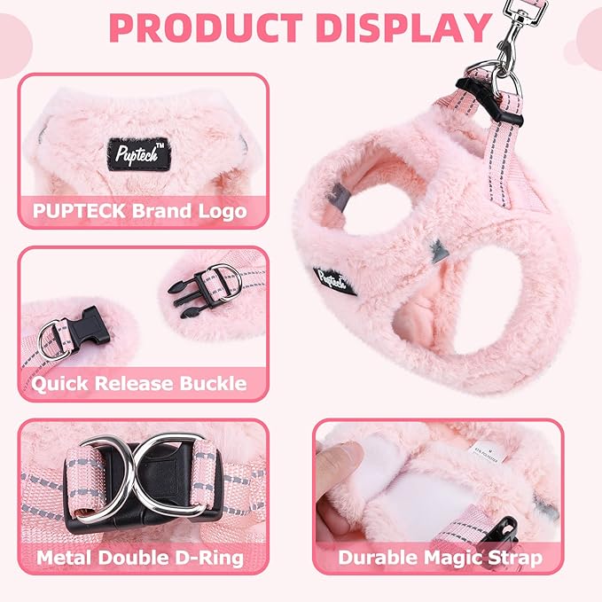 PUPTECK Adjustable Dog Harness Collar and Leash Set Step in No Pull Pet Harness for Small Medium Dogs Puppy and Cats Outdoor Walking Running, Soft Mesh Padded Reflective Vest Harnesses, Plush Pink S