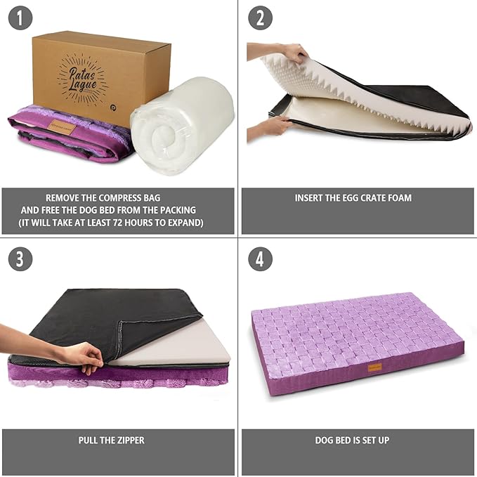 Patas Lague Orthopedic XL Dog Bed Large Sized Dog 48''X30'', Waterproof Soft Comfortable Egg Crate Foam Large Pet Beds Crate Mat with Removable Washable Cover and Nonskid Bottom, Pueple