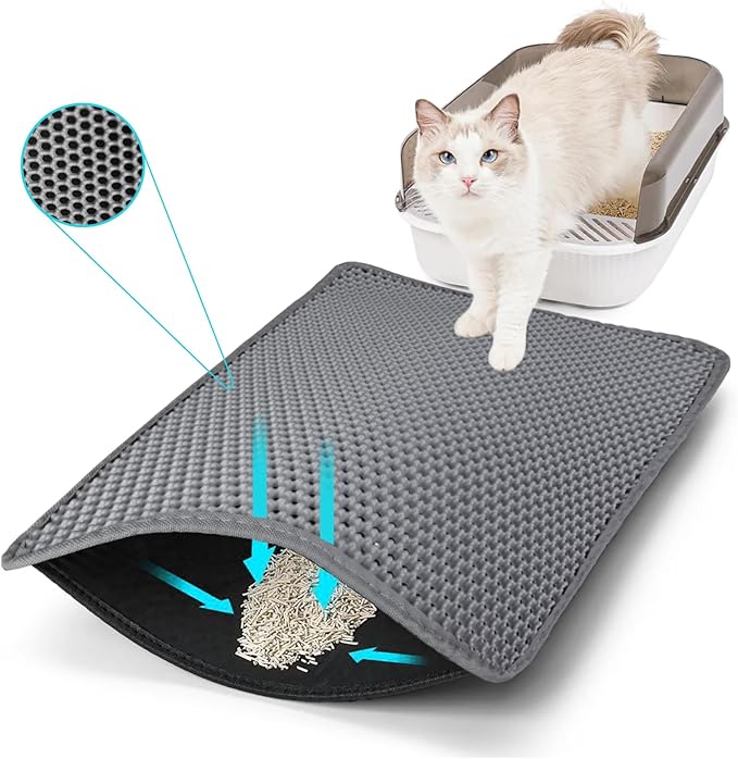 Cat Litter Mat, Kitty Litter Collector, Double Layered Honeycomb Design Waterproof, Anti Urine, Anti Slip, Easy to Clean, Limit Garbage (30"x24", Grey)
