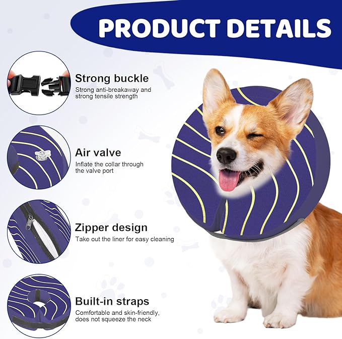 Adjustable Inflatable Dog Cone Collar for Surgery Recovery, Soft Cone for Dogs & Cats, Portable & Washable Dog Donut Collar, Large Cat Cone E Collar (Indigo M)