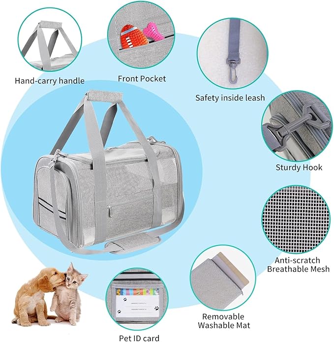 Cat Carrier Pet Carrier for Small Dogs Cats Puppies Under 15 Lbs, TSA Airline Approved Carrier Bag Soft Sided Dog Travel Carriers, Cat Carriers with Reflective Strip, Grey