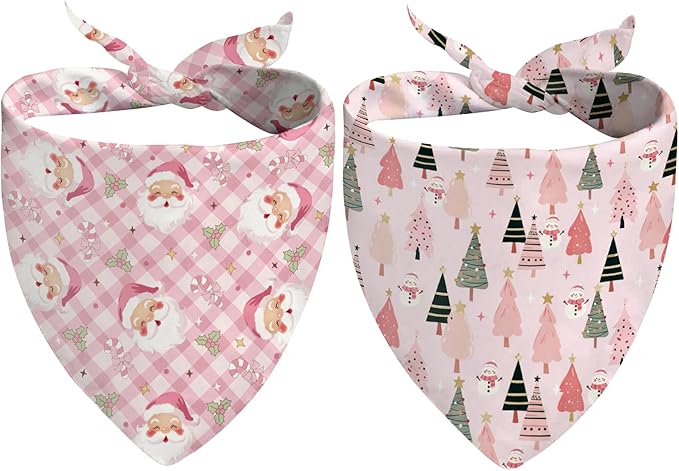 Pink Christmas Dog Bandanas 2 Pcs, Pink Pet Scarf for Dog Girl, Cute Triangle Puppy Scarf Kerchief Bandana Small Medium Pet Dogs On Xmas, Christmas Father Xmas Tree Print Gifts for Dogs Lovers