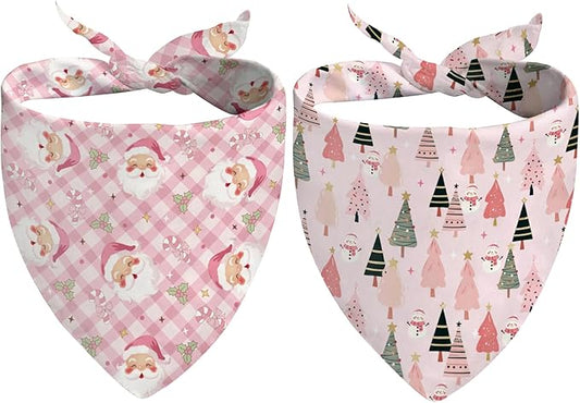 Pink Christmas Dog Bandanas 2 Pcs, Pink Pet Scarf for Dog Girl, Cute Triangle Puppy Scarf Kerchief Bandana Small Medium Pet Dogs On Xmas, Christmas Father Xmas Tree Print Gifts for Dogs Lovers