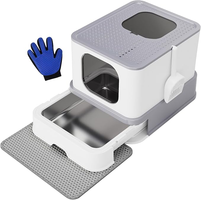 RIZZARI Stainless Steel Cat Litter Box: Large Leak-Proof Odor-Free Design - XXL Gray - for Indoor Cats Pet Owners Solution