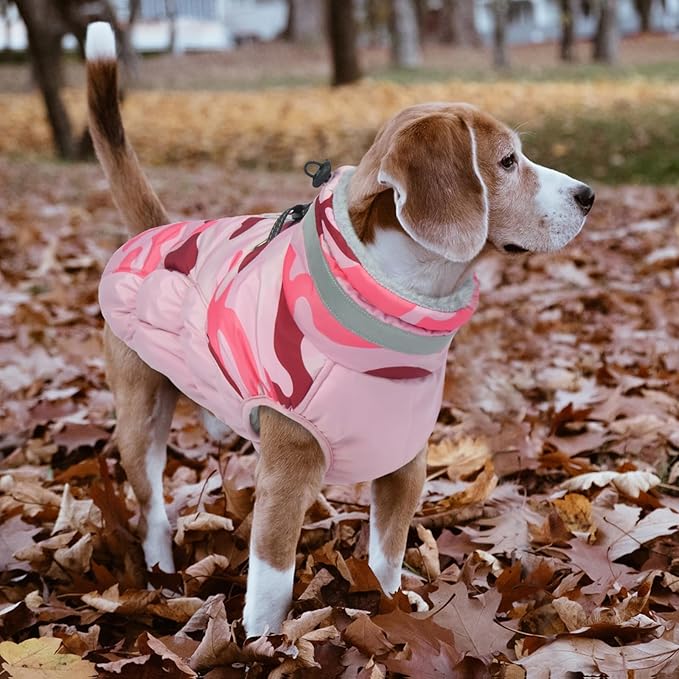 Lelepet Warm Dog Winter Coat Dog Coats for Small Dogs Waterproof Dogs Jacket with Harness Built in Reflective Cold Weather Coats Windproof Zip-Up Winter Fleece Vest Snowsuit Yorkie Pink Camo S