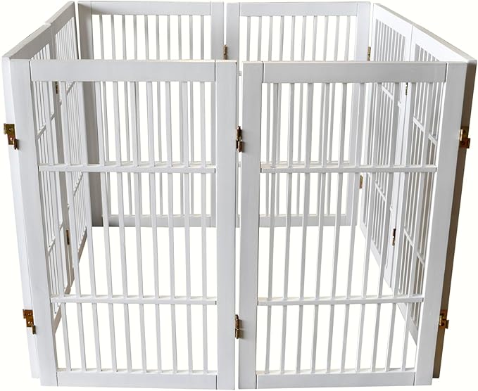 Pet Dog Gate Strong and Durable Freestanding Folding Acacia Hardwood Portable Wooden Fence Indoors or Outdoors by Urnporium (White Pet Gate, 8 Panel 30" Tall)