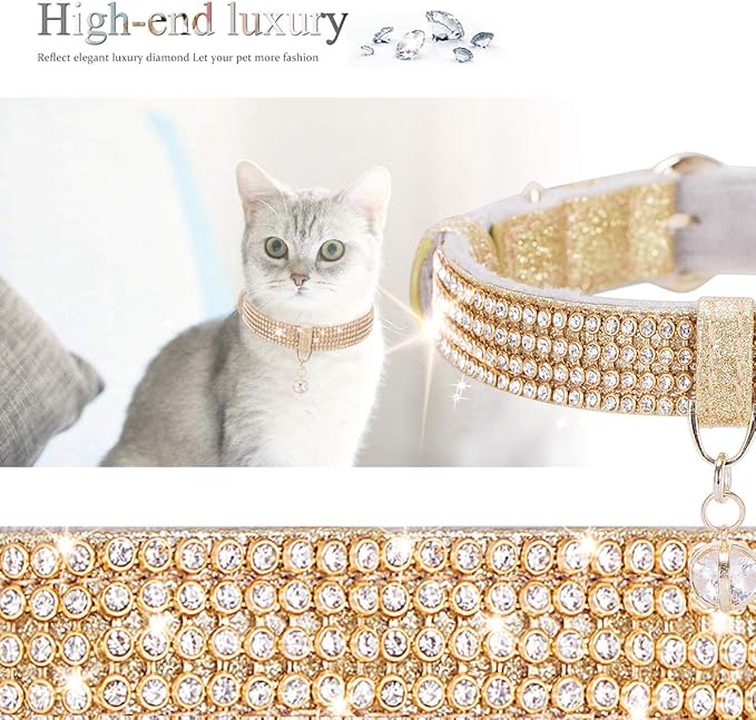 PetsHome Cat Collar, Dog Collar, [Bling Rhinestones] Premium PU Leather with Pendant Adjustable Collars for Big Cat and Small to Medium Dog Small Gold