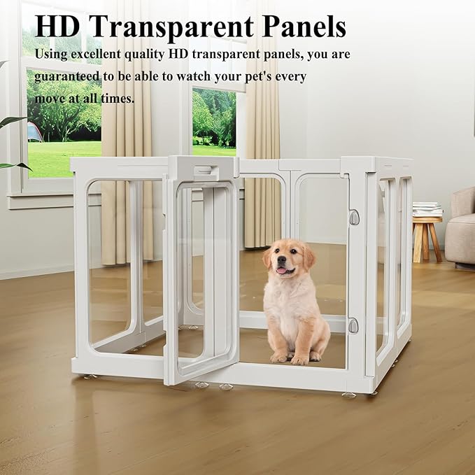 Clear Acrylic Dog Playpen with Door, for Puppy Rabbit Transparent Pet Pen, Dog Playpen Indoor, Dog Fence, Easy Assemble & Cleaning Dog Pen for Small & Medium Dogs (23.6“ Height, 14PCS)