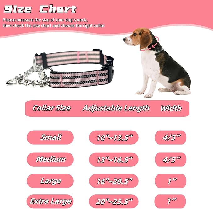Martingale Dog Collars, Reflective Nylon Collar with Stainless Steel Chain, Adjustable Walking Training Dog Collars with Quick Release Buckle, Suitable for Small Medium Large Dogs(Pink,XL)