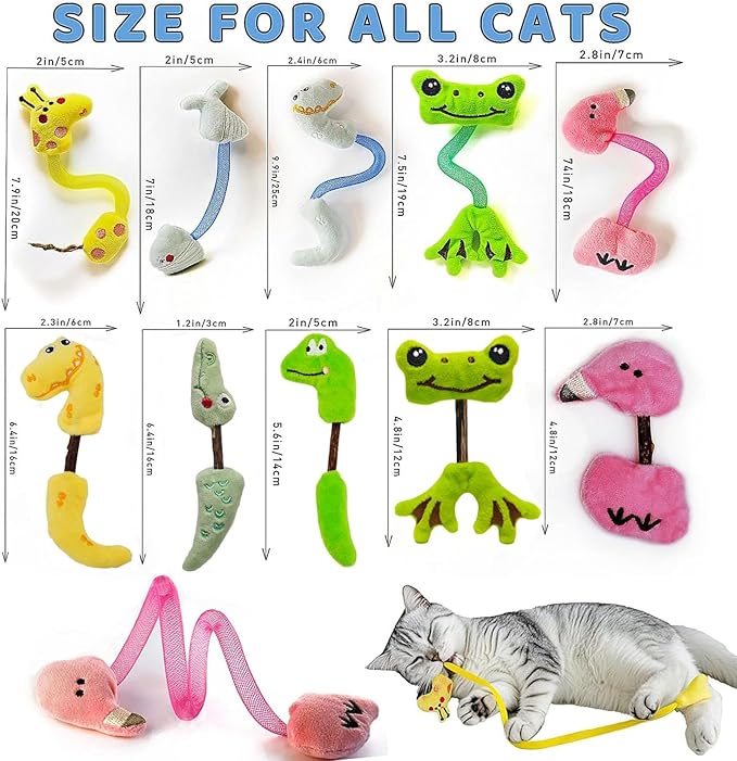 Interactive Cat Toys Set, Catnip and Silvervine Chew Sticks,Teeth Cleaning Toy, Spring Ropes Toy for Indoor Cats and Kittens (10 Pack)