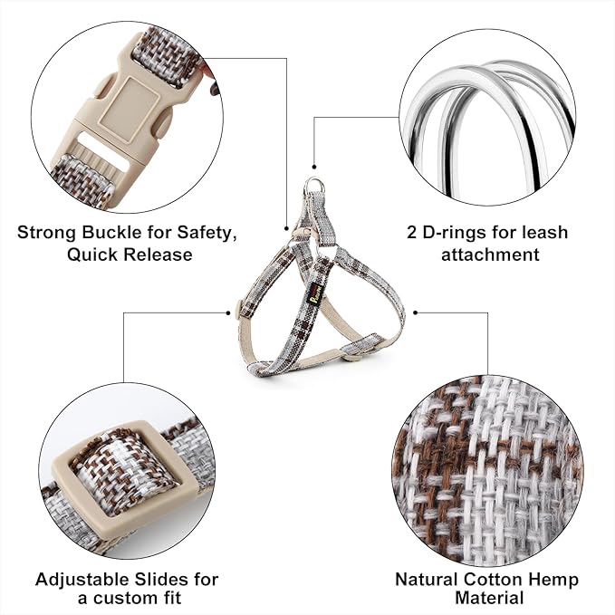 Plutus Pet Cotton Hemp Step in Dog Harness, Sustainable, Lightweight and Escape-Proof, Quick Fit Dog Harness for Puppy Small Medium and Large Dogs, Gray Plaid, S