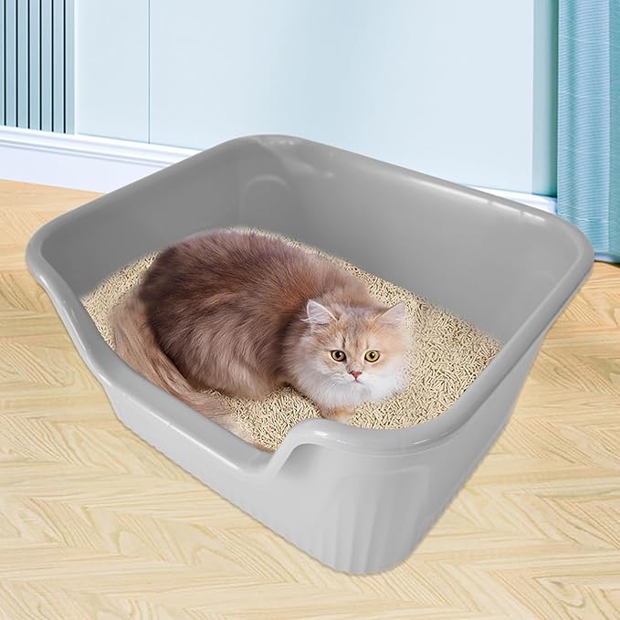 Large Cat Litter Box with High Sides,17.5"x15"x8.9" Open Top Cat Litter Pan Anti Splashing Non-Stick Litter Tray Low Entry Cat Litter Boxes Jumbo Kitty Litter Toilet Easy Clean for Cats(Gray)