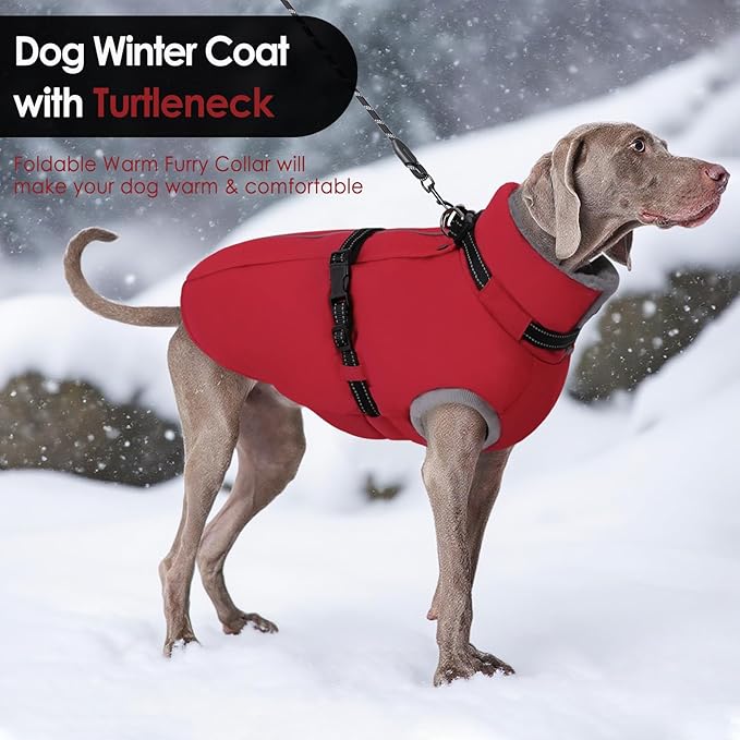 AOFITEE Dog Coat, Warm Dog Winter Coat with Harness Built in, Waterproof Pet Snow Jacket with Zipper on Back, Fleece Pet Sweater Outdoor Puffer Jacket Snowsuit for Extra Large Dogs, Christmas Red XXL