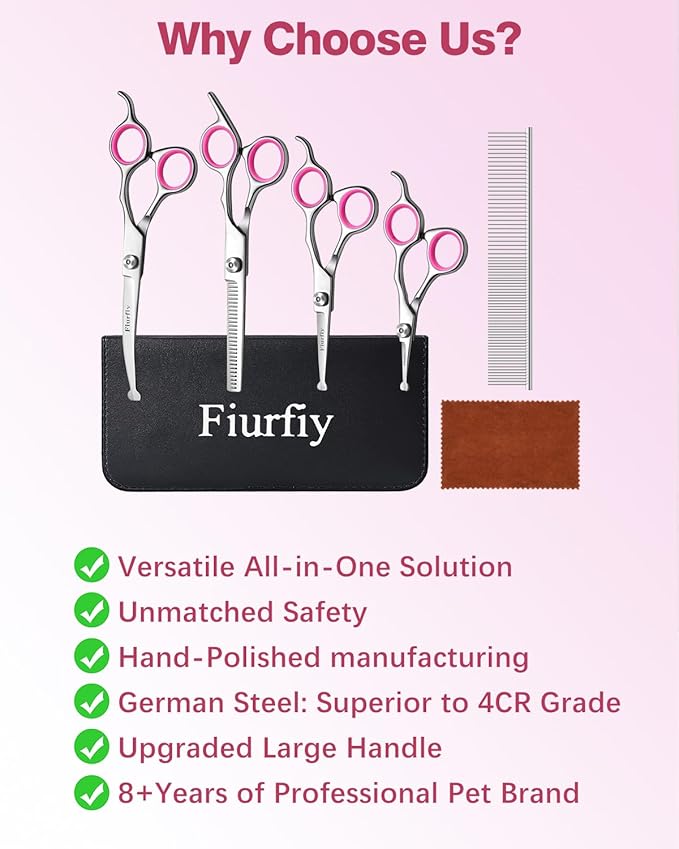 Furry Grooming Scissors with Safety Round Heads. Dog Grooming Scissors, 5CR 6 in 1 Dog Grooming Scissors, Curved Dog Grooming Scissors, Professional Pet Grooming Scissors Set for Dogs and Cats
