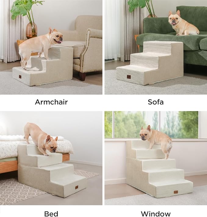 Made4Pets Dog Stairs for High Bed, Extra Wide Pet Stairs for Bed Couch Sofa, 35D Foam Pet Steps for Small Dogs and Cats(Up to 40lbs), Non-Slip Bottom Dog Steps, Beige, 5 Steps