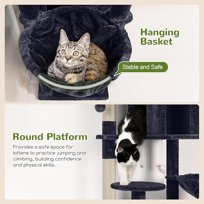 Globlazer Cat Trees and Towers for Multiple Adult Cats, 82-inch XXL Tall Cat Tree Tower for Indoor Cats with Scratching Post, 3 Perches, 2 Condos, 2 Hanging Baskets, F82, Dark Grey
