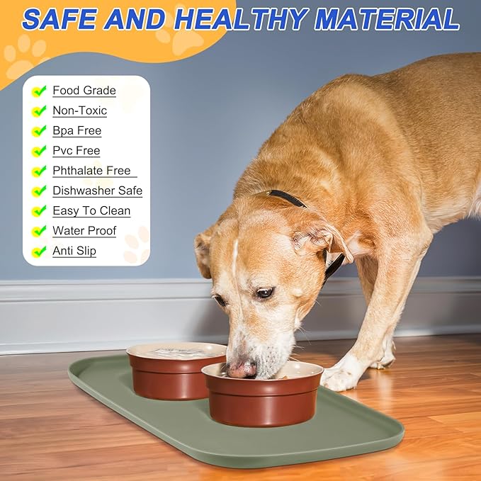 Silicone Pet Feeding Mat with Raised Edge for Food and Water, Dog Bowl Mats, Cat Bowls Placemat with High Lip for Floor Waterproof, Rubber Tray for Cats and Dogs 24 x 16 x0.8 Light Olive Green