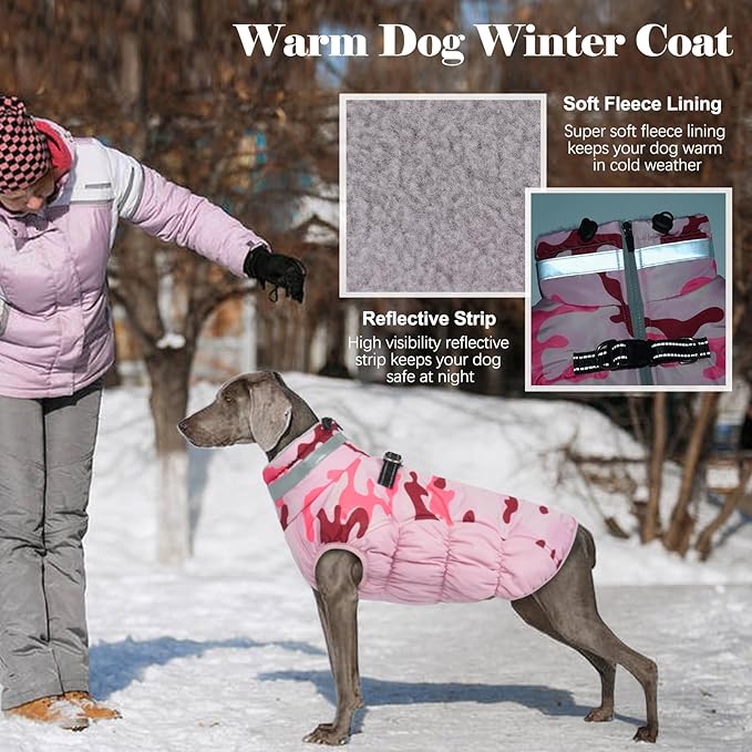 Lelepet Warm Dog Winter Coat Dog Coats for Small Dogs Waterproof Dogs Jacket with Harness Built in Reflective Cold Weather Coats Windproof Zip-Up Winter Fleece Vest Snowsuit Chihuahua Pink Camo